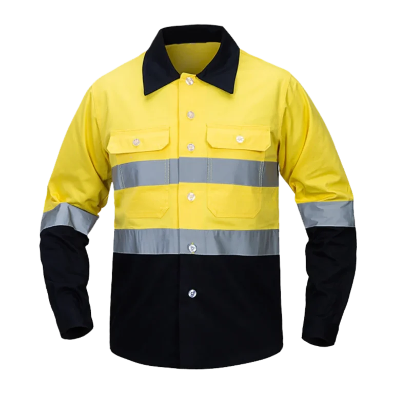 Custom-made yellow and black work shirt featuring reflective stripes manufactured in Malaysia