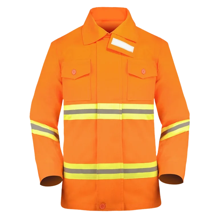 Custom-made orange fire jacket featuring reflective stripes designed for safety workwear uniform in Malaysia
