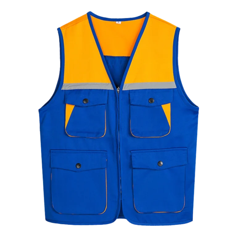 Custom-made blue and orange vest featuring front pockets designed for workwear uniform in Malaysia