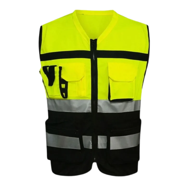 Custom-made yellow and black vest featuring reflective material designed for workwear uniform in Malaysia