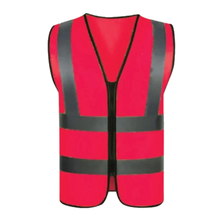 A custom-made red vest featuring black stripes on the front manufactured by CY Uniforms in Malaysia