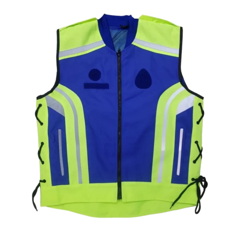 Custom-made yellow and blue vest featuring reflective material designed for workwear uniforms in Malaysia