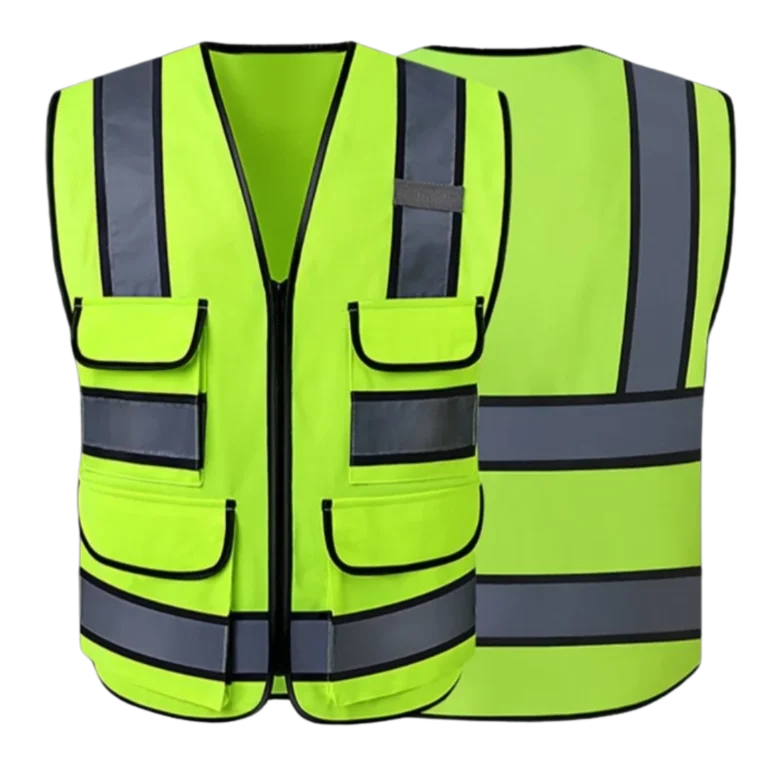 Custom-made green safety vest with reflective strips designed for workwear uniforms in Malaysia