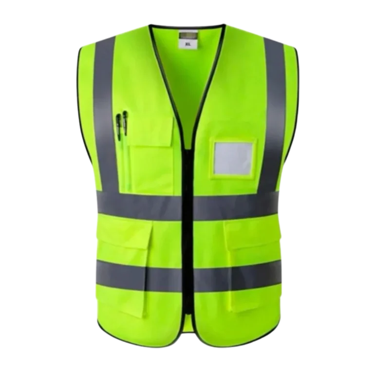 Custom-made yellow safety vest featuring reflective stripes manufactured by CY Uniform in Malaysia