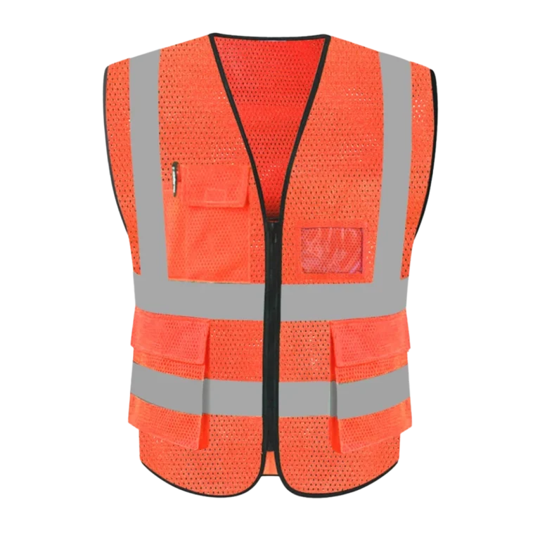 Custom-made orange vest featuring reflective stripes manufactured by CY Uniform in Malaysia